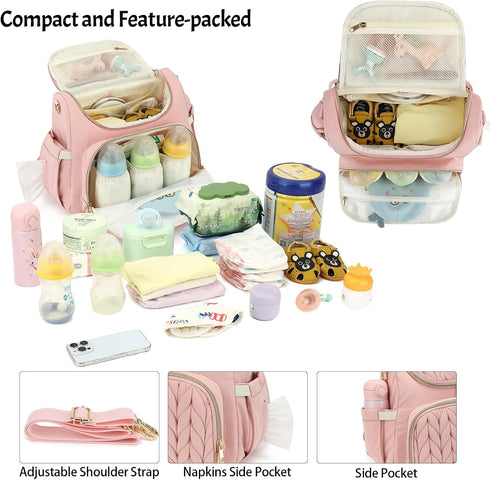 Bevkois Backpack Small Diaper Bag Quilted Mini Baby Crossbody Diaper Bag Tote for Mom and Baby Girls Boys (Pink)