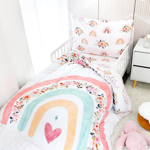 Sets Set 4 Set Toddler Bedding for Girls, Rainbow Toddler Crib Bedding Piece Pink Floral Toddler Comforter Includes