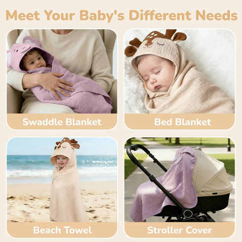 4 Set, 100% 2 32x32 Inch 2 PCS Muslin Baby Bath Towels Cotton PCS Animal Hooded Baby Towels & PCS Washcloths, Ultra