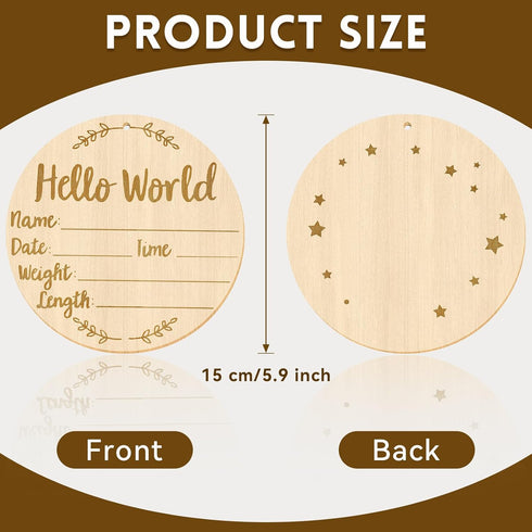 KINYFY 5.9 Inch Baby Birth Announcement Sign, Round Hello World Newborn Signs with Marker Pen and Ink Pad, Wooden