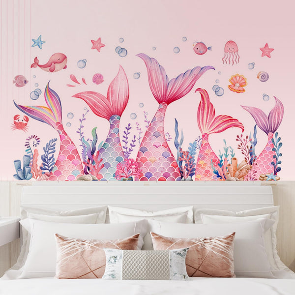 MLM Mermaid Tail Wall Stickers Under The Sea Fish Pink Wall Decals Peel