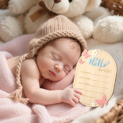 Penitue Wooden Baby Announcement Sign, Cute Hello World Newborn Signs Welcome Baby Arrival Plaque Decor for Hospital