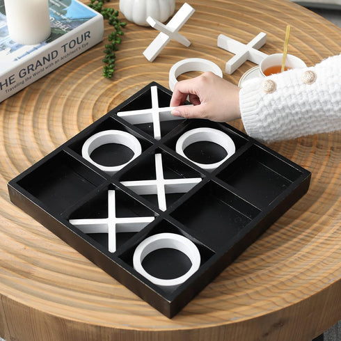FUIN Wood Tic Tac Toe Decorative Board Game Set, 12" x 12", Black and White Coffee Table Decor