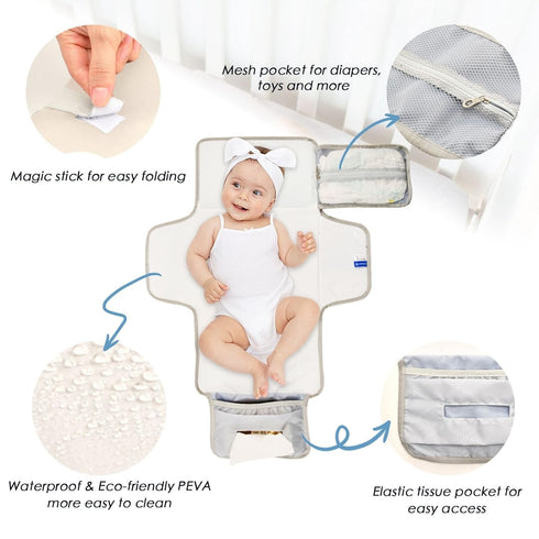 WELLDAY Cute Bears Portable Diaper Changing Pad - Waterproof Foldable Baby Diaper Changing Pad with Built-in Pillow