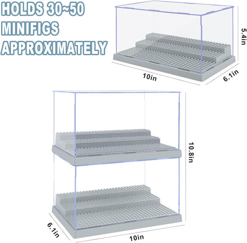 2 Pack Display Case for Minifigure Action Figures, Acrylic Storage Box with 3 Movable Steps for Kids Adults
