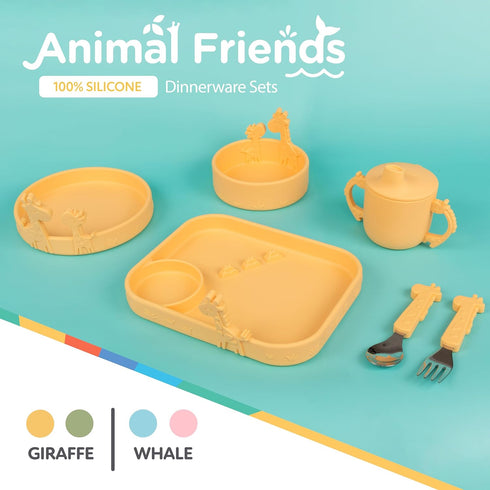 Nuby Animal Friends Silicone and Stainless Steel Fork and Spoon Set, 12+ Months, Yellow Giraffe