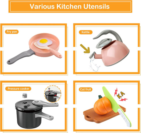 Funpynani 100Pcs Playset, 2 Kitchen Kids Pretend Cooking Play Pots, Pans, Utensils, Cookware, Toy Food Fruits Veggies