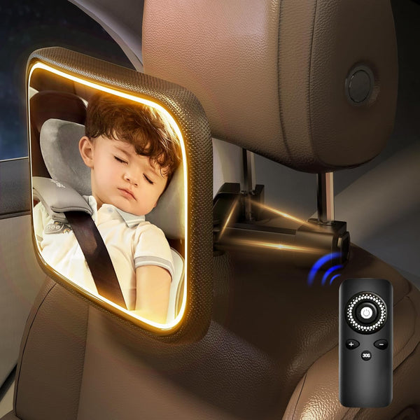Baby Car Mirror with Light, Rechargeable Rear Facing Mirror with Remote Control, 360° Rotation, Clear Vision