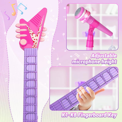 deAO Kids Guitar and Microphone Set, Adjustable Height Microphone with Stand, Music Light Karaoke Toys for Kids