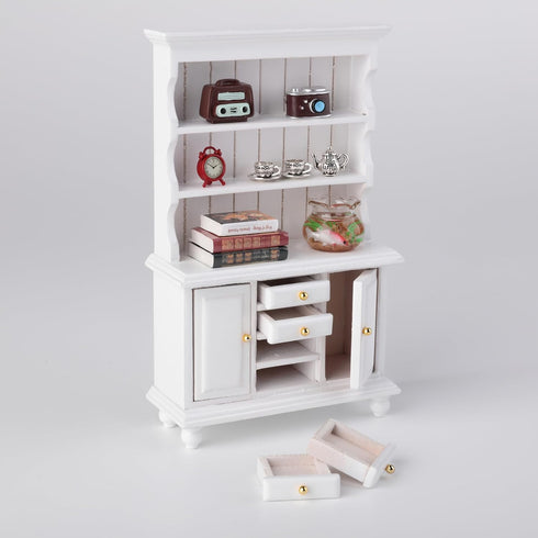 Minamzee 1/12 Set, 11Pcs Dollhouse Cabinet Dollhouse Miniature Wooden Bookshelf with Accessories (Alarm Clock, Fish