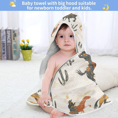 WELLDAY 30x30 Inch Western Cowboy Hooded Baby Bath Towels, Cotton Soft Hooded Towel for Babies - Absorbent Baby Bath
