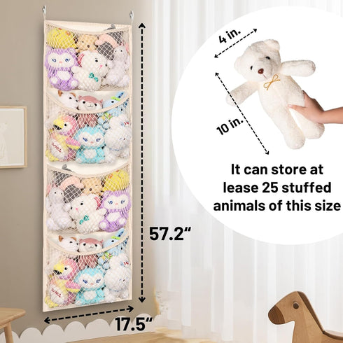 Over The Door Stuffed Animal Storage, Cotton Toy Organizer with 4 Large Pockets for Plush Toys and Baby Supplies