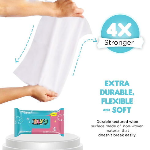 Ioly's 99% Pack 20 Baby Wipes Unscented Wet Wipes Water Based with Aloe Vera Fragrance Free Travel ct Hypoallergenic