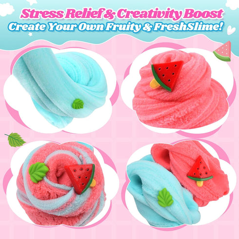 2 Pack Cloud Slime Kit with Red Watermelon and Mint Charms, Scented DIY Slime Supplies for Kids