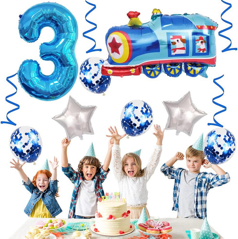 Weenkeey 3rd 3 Birthday Train Balloons - Giant Aluminum Foil Balloon Number Mylar for Railroad Party - Blue