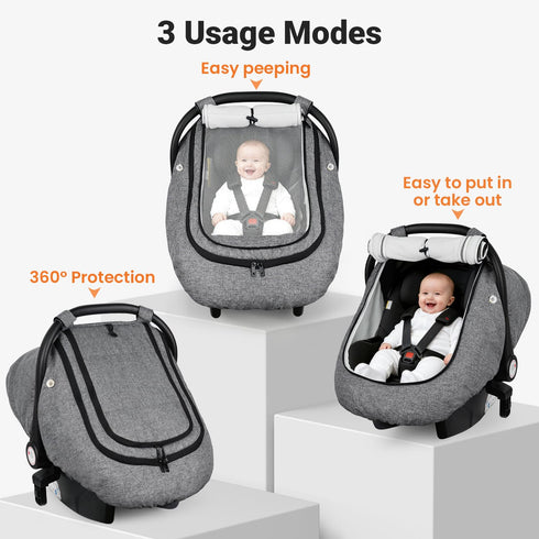 2 Rquite Car Seat Cover Baby, Carseat Covers Boy Girl, Layers Window -Breathable Mesh & Wind/Sun Shade, Infant Car Seat