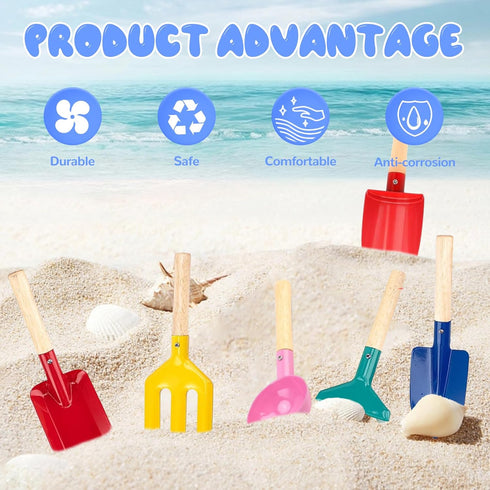 MEIDAYAI 6 Set, 8'' Set, 3-8 Beach Toys, Pcs Kids Gardening Kid Metal Sand Toys Sandbox Toys with Sturdy Wooden Handle