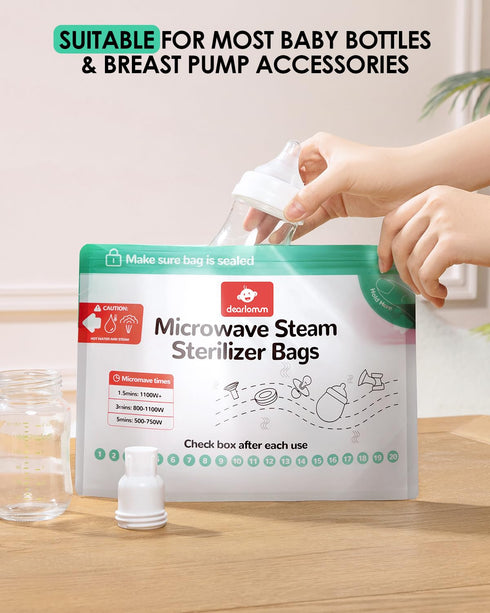 20 Count (20 dearlomum Microwave Steam Sterilizer Bag for Baby Bottles Uses Per Bag), Reusable Travel Sterilization