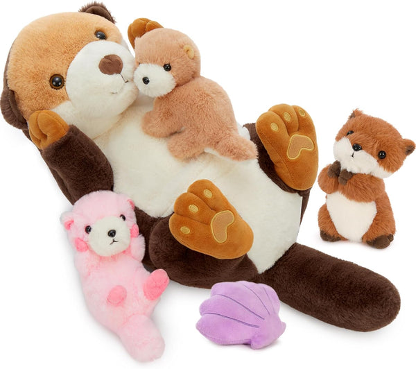 MorisMos 23.6'' Sea Otter Stuffed Animal with Babies, Big Mommy Otter Plush Toys & Seashell for Kids 3-5