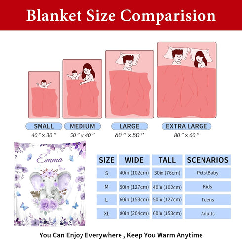 Snoweets Personalized Baby Blanket for Girls Kids Boys, Custom Elephant Blanket with Name for Daughter Niece Her