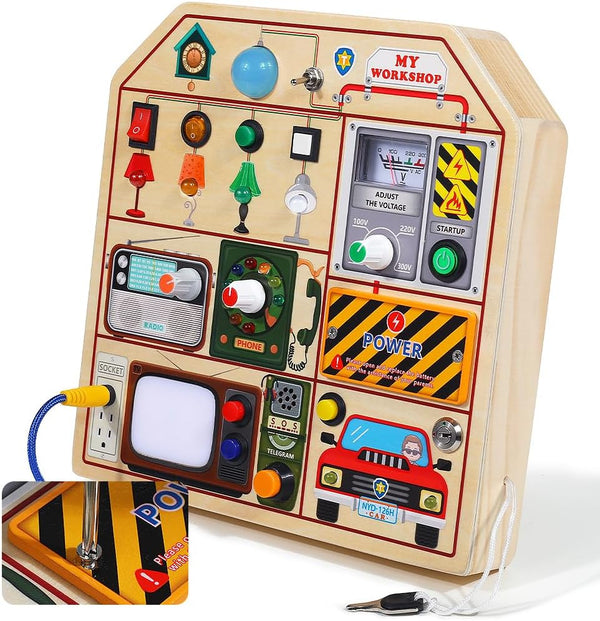 JAUNTY Montessori Wooden Busy Board - Toddler Sensory Toys with LED Light Switches, Travel Toys for Ages 1-3