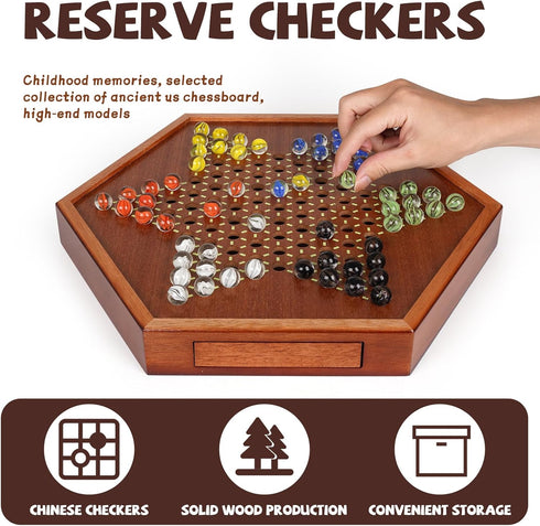 15-Inch Set 72 Wooden Chinese Checkers Board Game Classic Strategy Game with Glass Marbles, Dual-Sided Storage Drawer