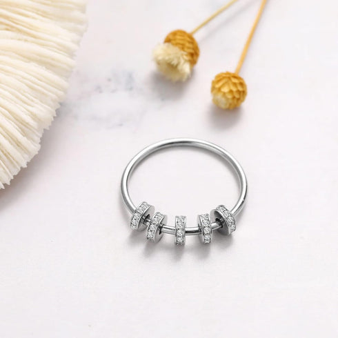 S925 14K LOVECOM Sterling Silver Anti Anxiety Fidget Spinner Ring Cubic Zirconia Beads Spinning Rings for Women Dainty