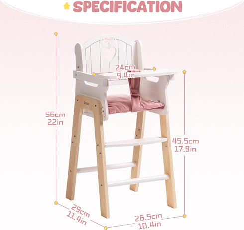 18-20 Inch ROBUD Play High Chair, Pretend Play High Chair with Cushion, Movable Table, Wooden Baby Doll Accessories
