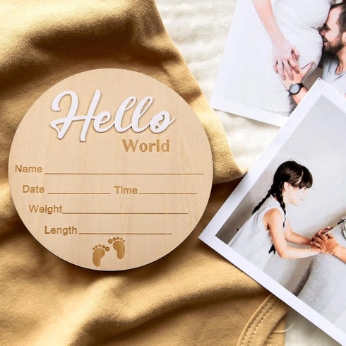 Lemicin 5.9 Inch Baby Birth Announcement Sign Hello World Newborn Name Wooden Plate for Hospital Nursery Birth
