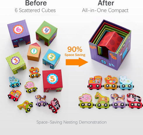 6 Set 18M-6Y, Counting Atoylink Stacking Blocks Nesting Toys with Magnetic Animal Train, Farm Cubes Number Learning