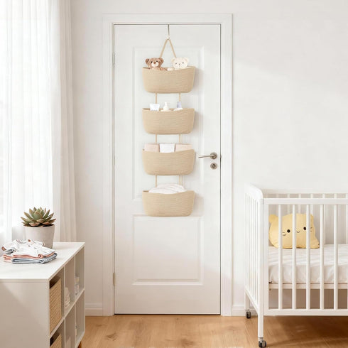 4-Tier Dahey Over The Door Hanging Basket Woven Boho Wall Mounted Storage Organizer with Hooks for Bedroom Nursery