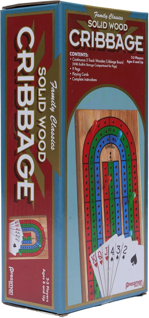 Family Classics Cribbage - Solid Wood Continuous 3 Track Board with Built-In Storage for Pegs