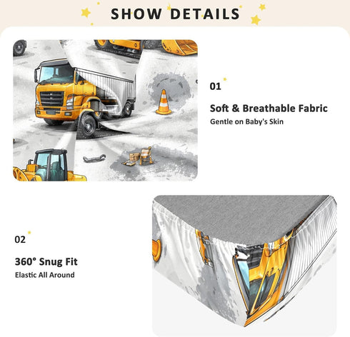 CZXW 52" 28" Construction Vehicles Crib Sheets Fitted x Natural Cotton Soft & Breathable for Baby Crib Mattress