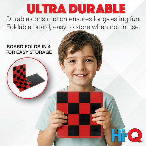 Hi-Q 3-in-1 Set Chess, Checkers & Tic-Tac-Toe Game Double-Sided Folding Board Staunton Style Pieces & Interlocking