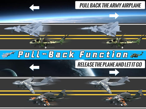 4PCS Army Airplane Toys Set - Diecast Military Fighter Jet Playset Helicopter Pull Back Aircraft for Kids 3+