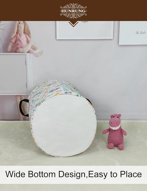 HUNRUNG Collapsible Fabric Storage Basket, Waterproof Laundry Hamper with Handles, Round Storage Bin for Clothes Toys