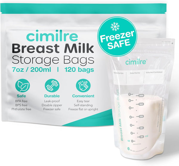Breast Milk Storage Bags by Cimilre, Leak-Proof Breastmilk Storage Bags, Freeze Flat