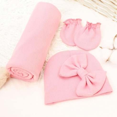 Set BQUBO Newborn Receiving Blanket Bow Hat Gloves Cotton Warm Baby Swaddle Blanket Wrap Baby Sleep Sack Shower Gift