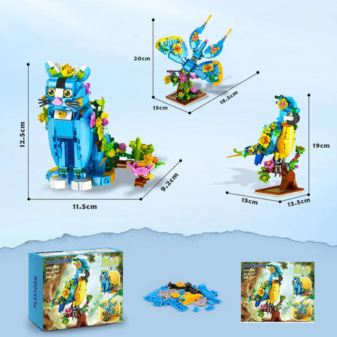 Set, 3 1 412 8 9 10 11 12+ PLAXSOON Flower Cat Building in Floral Parrot Butterfly Animal Figure Building Toy for Home