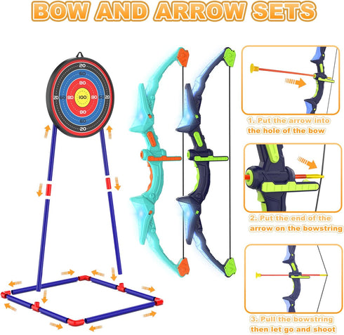 2 Pack Kids Bow and Arrow Set with LED Flash Lights, 14 Suction Cup Arrows, Indoor and Outdoor Archery Toy Gift for