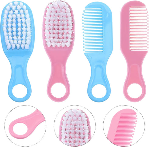 Set 2 Sets Brush and Comb for Newborns, Soft Bristle Massage Hairbrush with Comb for Sensitive Hair, Blue and Pink