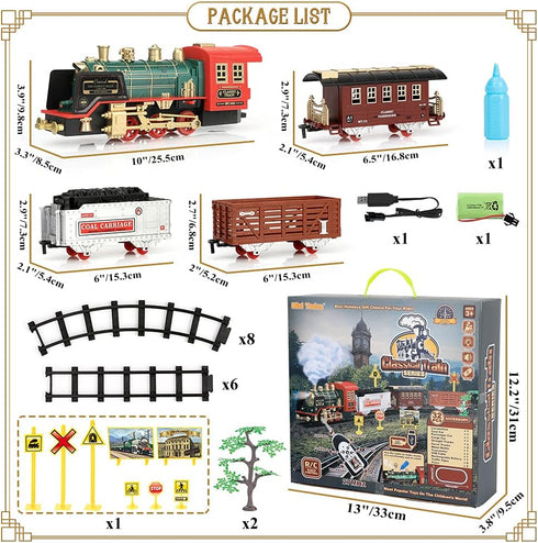 Mini Tudou Christmas Electric Train Set w/Steam, Sound & Light, Remote Control Train Toys with Steam Locomotive Engine,