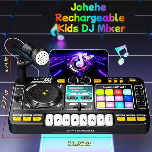 Johehe 12 8 4-8+ Rechargeable Kids DJ Mixer with LED Light Show & Karaoke Microphone - Interactive Music Toy with Sound
