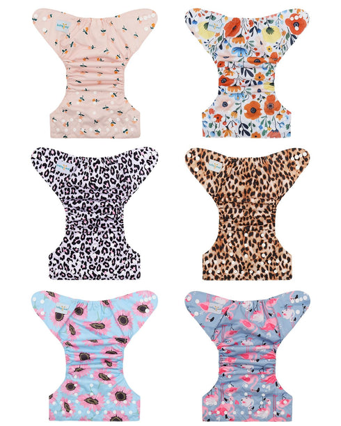 6 Pack 6pcs Babygoal Baby Cloth Diaper with Inserts and Wet Bag for Fitted Diapers and Prefolds, Adjustable