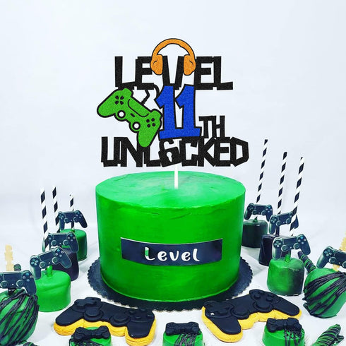 Level 11th Unlocked Cake Topper, Happy 11th Birthday Cake Decoration, Video Game Controller Theme Supplies
