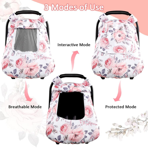 Pink Floral Baby Car Seat Cover & Nursing Pillow Cover for Girls, Winter Edition