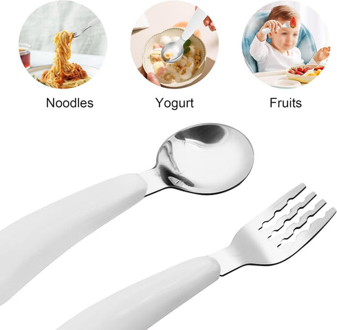 VANRA 2 Pieces Toddler Fork and Spoon Set with Travel Case, 18/8 Stainless Steel Kids Silverware for Lunch Box (White)