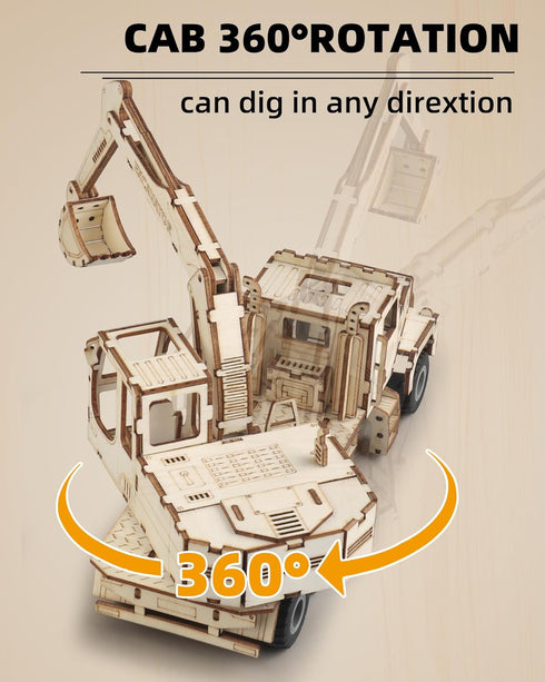 MOCBURIKU 3D Wooden Puzzle for Adults, Excavator Wooden Mechanical Model Car Kits to Build, Brain Teaser Pull Back