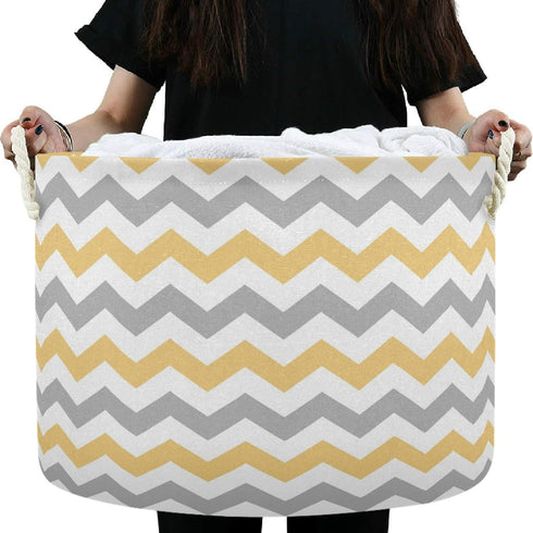 visesunny Grey and Yellow Plaid Chevron Collapsible Basket Storage Bin with Durable Cotton Handles, Home Organizer for