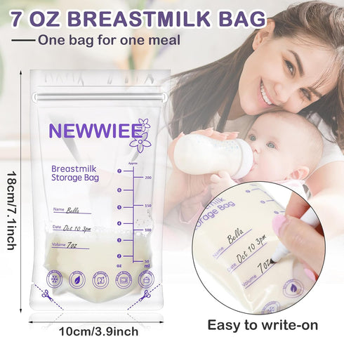 400 Count 7 oz Newwiee Breastmilk Storage Bags Leak Proof Double Zipper Seal Breast Milk Storing Bags Self Standing